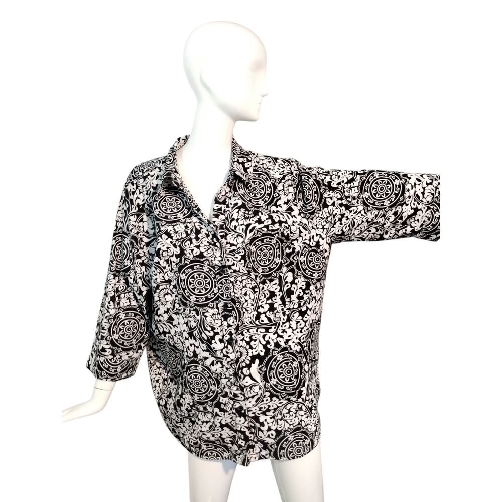 Fred David Women's size 2X‎ Medallion Floral Artsy ¾ Sleeve Button Up Casual Top